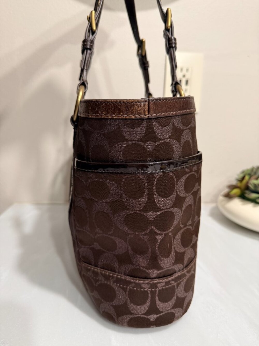 Dark Chocolate Brown Coach Signature Studded Lurex Tote Bag - Picture 4 of 14